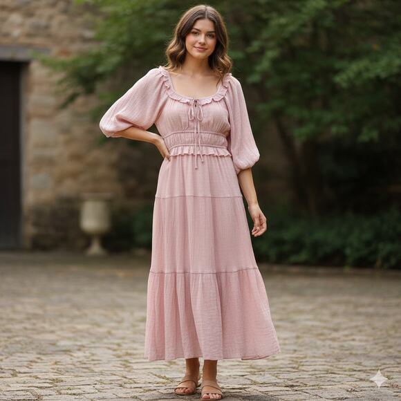 Listicle Dresses & Skirts - Listicle Maxi Dress Medium Pink Boho Cottagecore Prairie Ruffle Puff Sleeve